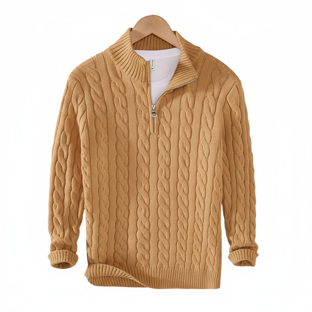 Cable Knit Half Zip Sweater for Men - Beige