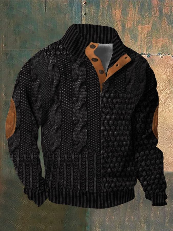 Cable Knit Zip-Up Sweater for Men - Black