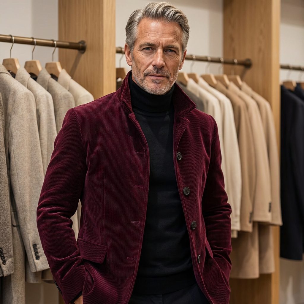 Corduroy Button-Front Blazer for Men - Burgundy