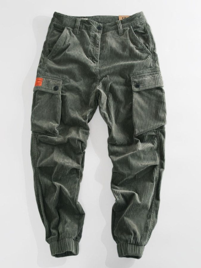 Corduroy Cargo Trousers with Multiple Pockets for Men - Green