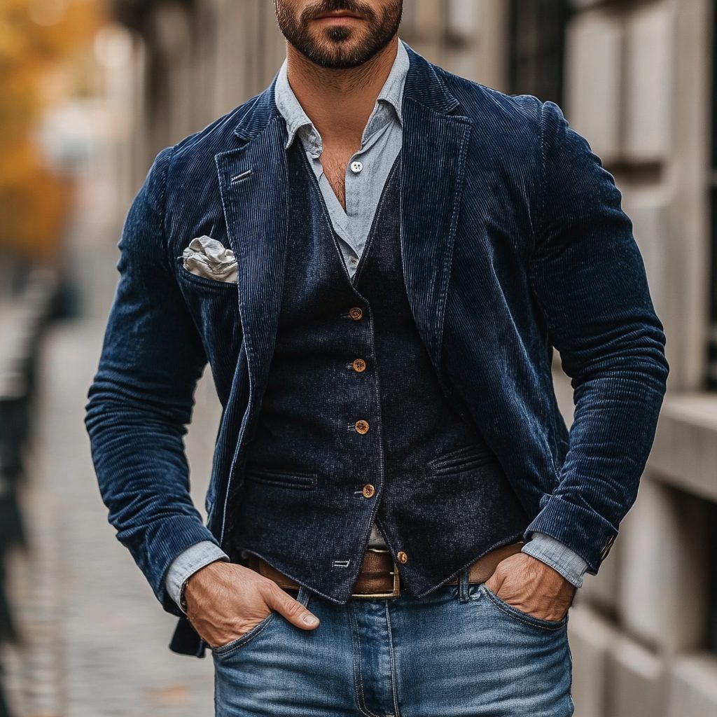 Corduroy Notch Lapel Blazer with Matching Vest for Men