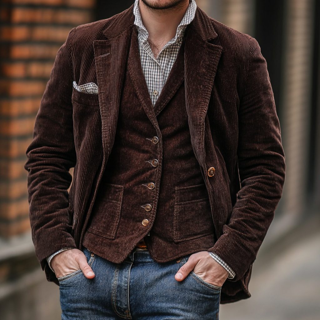 Corduroy Notch Lapel Blazer with Matching Vest for Men - Brown