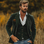 Corduroy Notch Lapel Blazer with Matching Vest for Men - Green