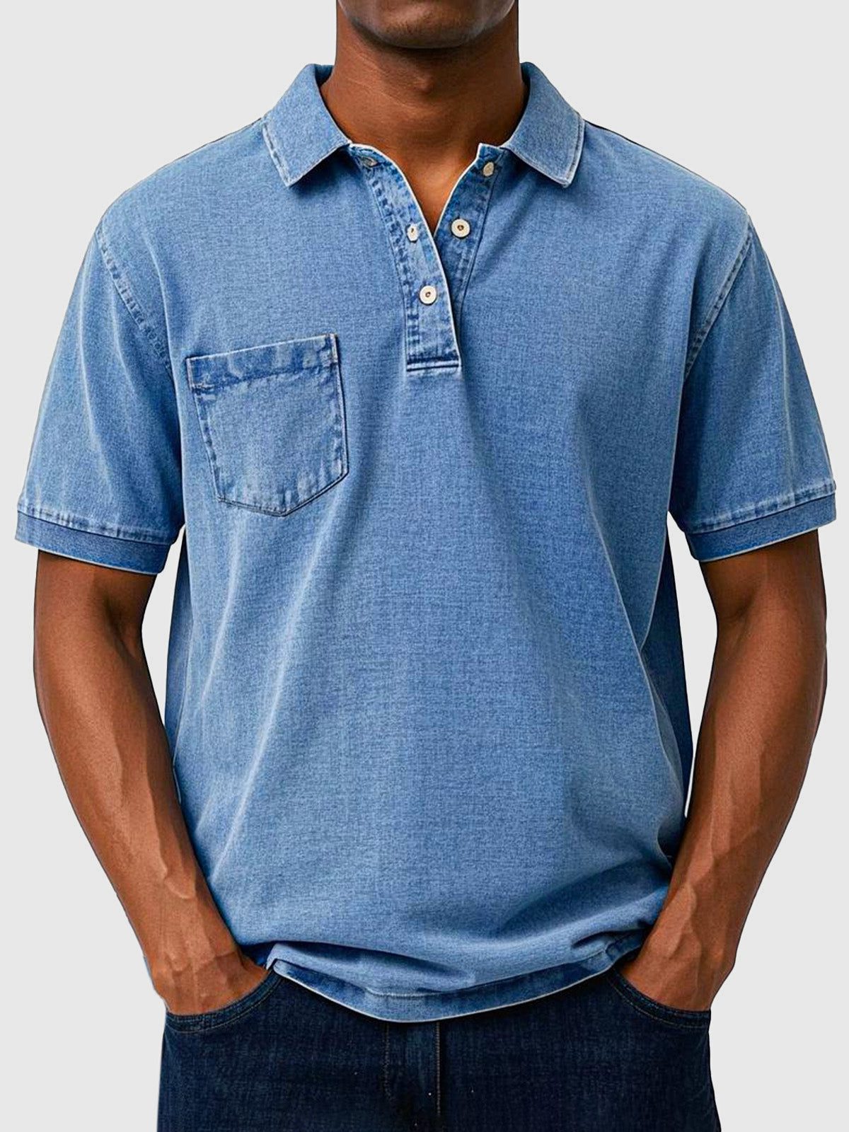 Cotton-Denim Chest Pocket Polo Shirt for Men