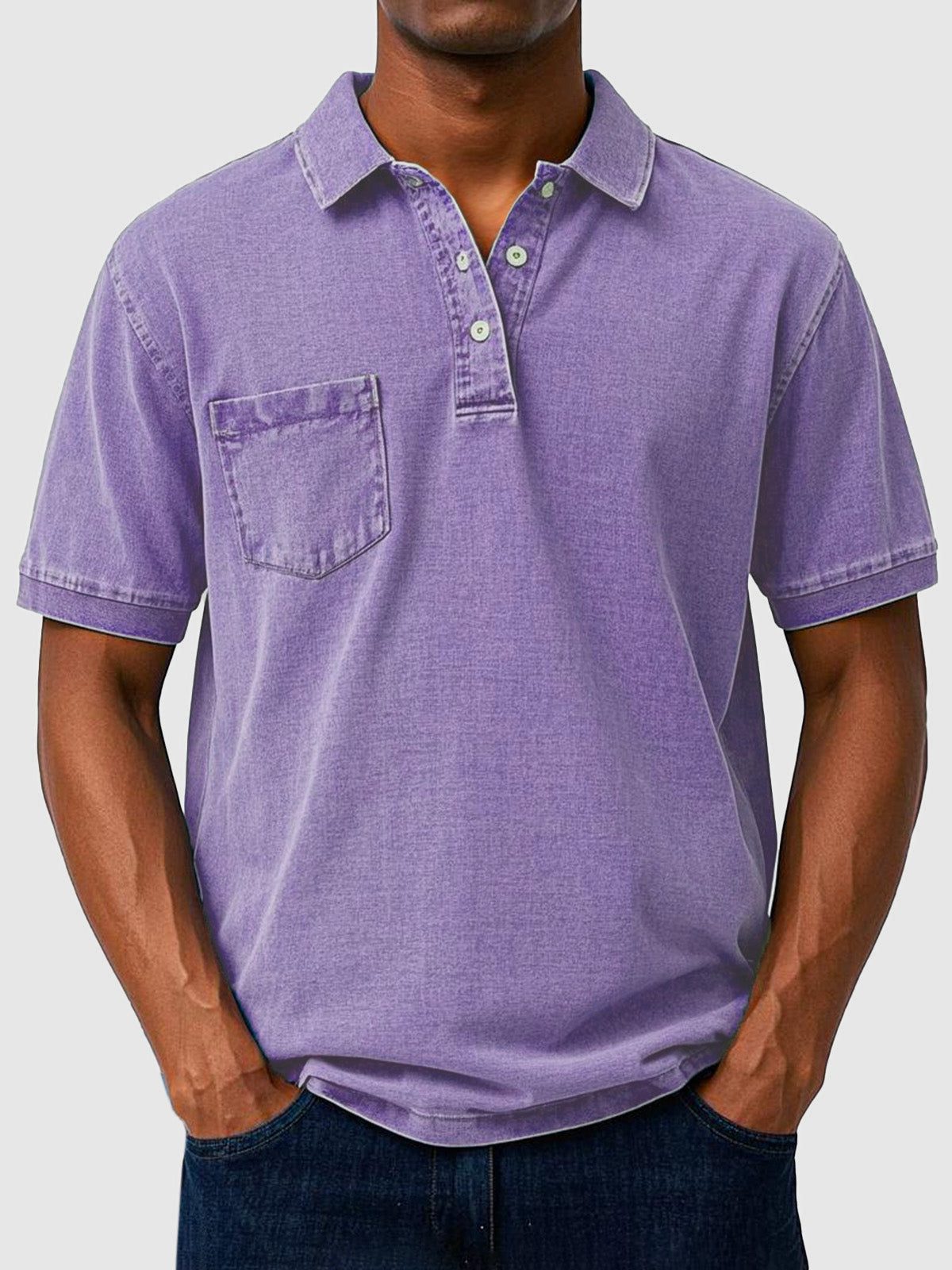 Cotton-Denim Chest Pocket Polo Shirt for Men - Purple