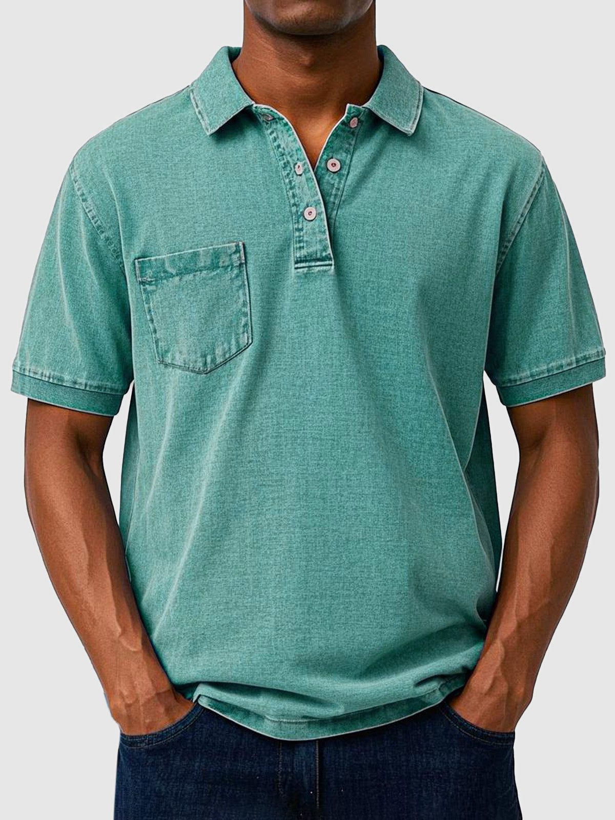Cotton-Denim Chest Pocket Polo Shirt for Men - Teal