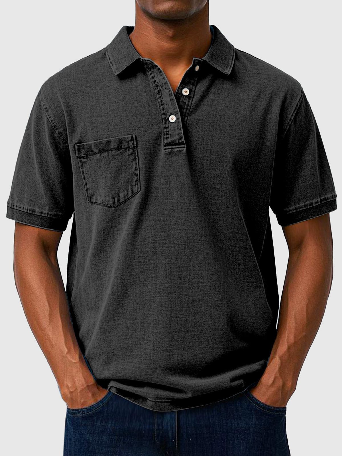 Cotton-Denim Chest Pocket Polo Shirt for Men - Black