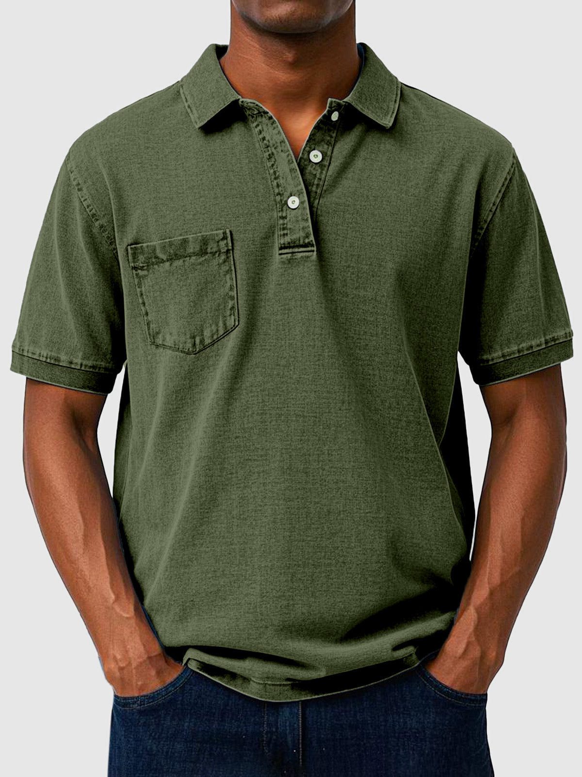Cotton-Denim Chest Pocket Polo Shirt for Men - Army Green