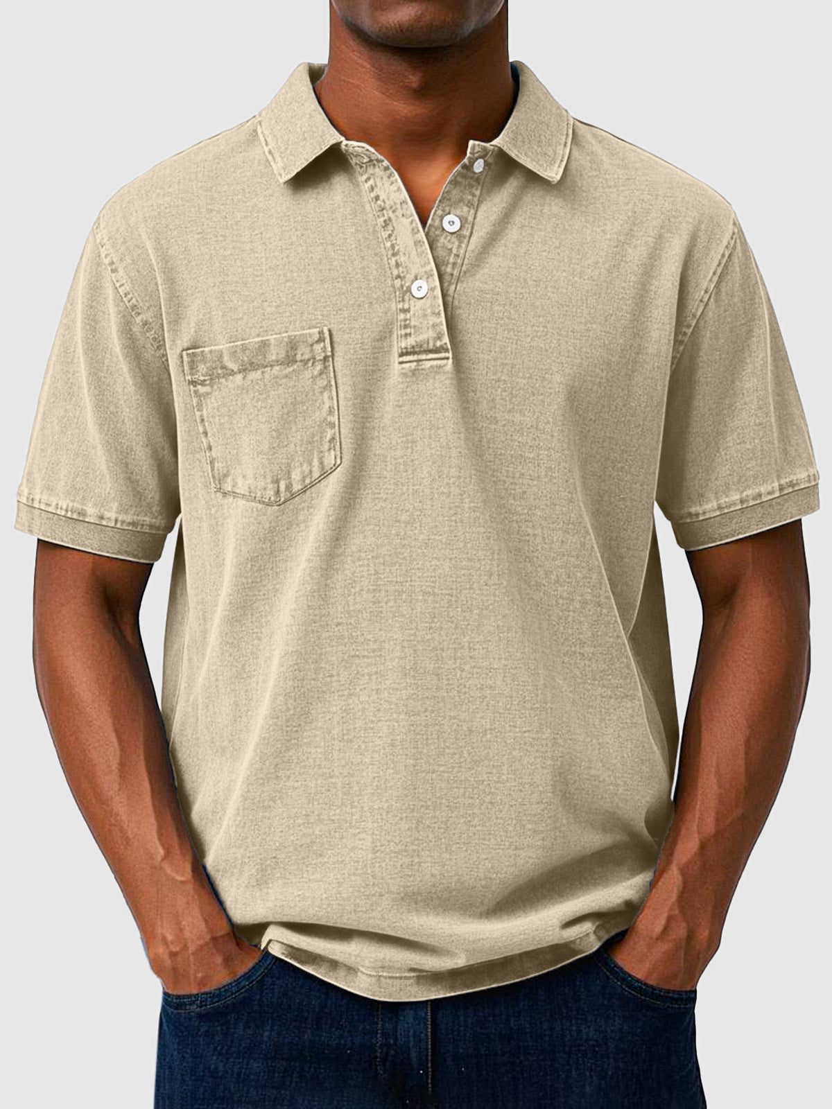 Cotton-Denim Chest Pocket Polo Shirt for Men - Khaki