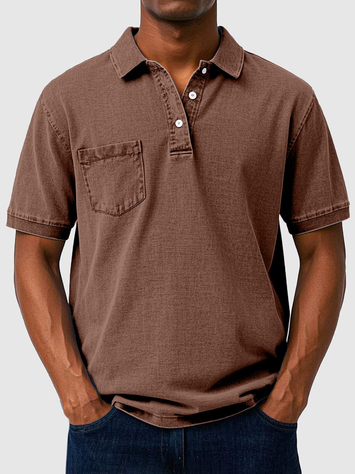Cotton-Denim Chest Pocket Polo Shirt for Men - Brown