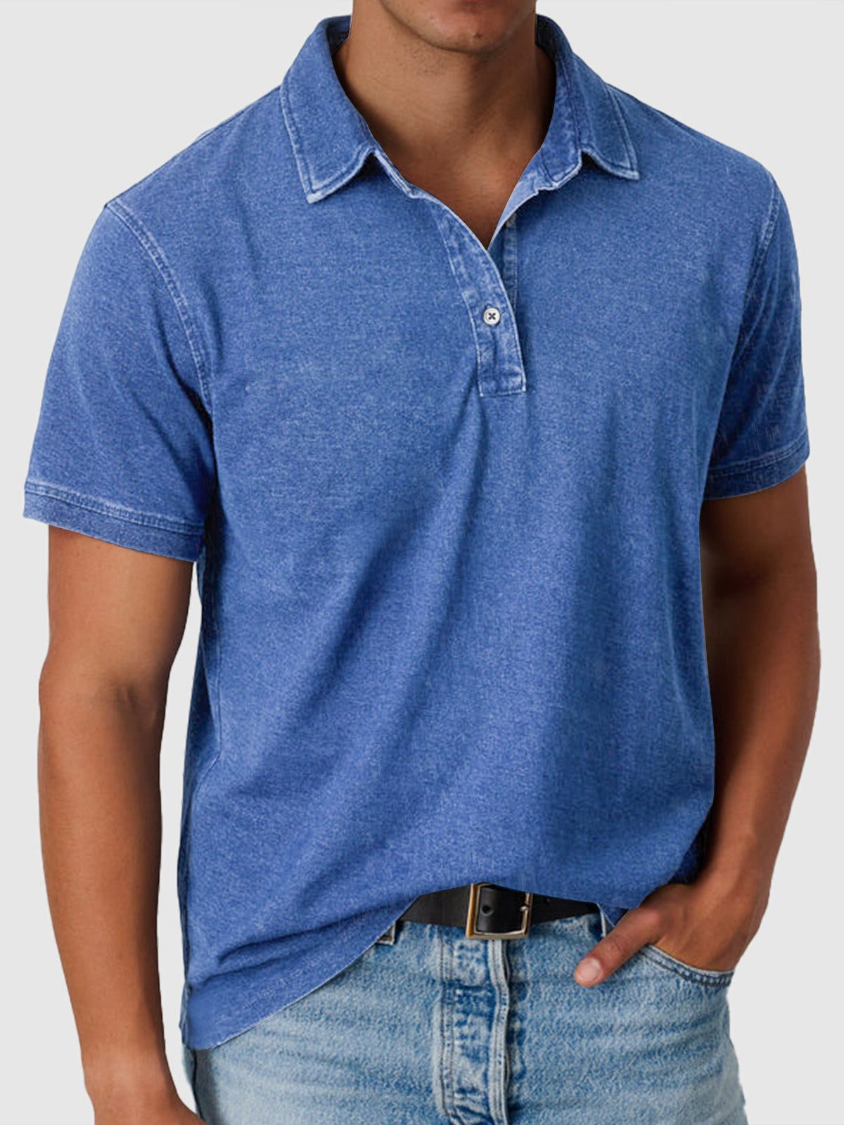 Cotton-Denim Short Sleeve Polo Shirt for Men