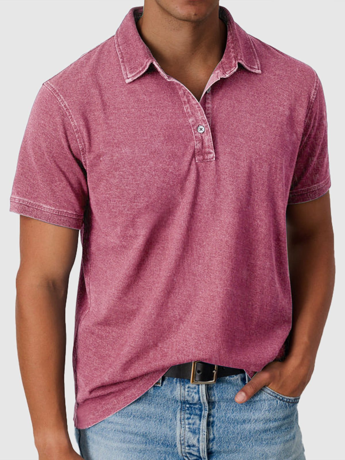 Cotton-Denim Short Sleeve Polo Shirt for Men - Pink