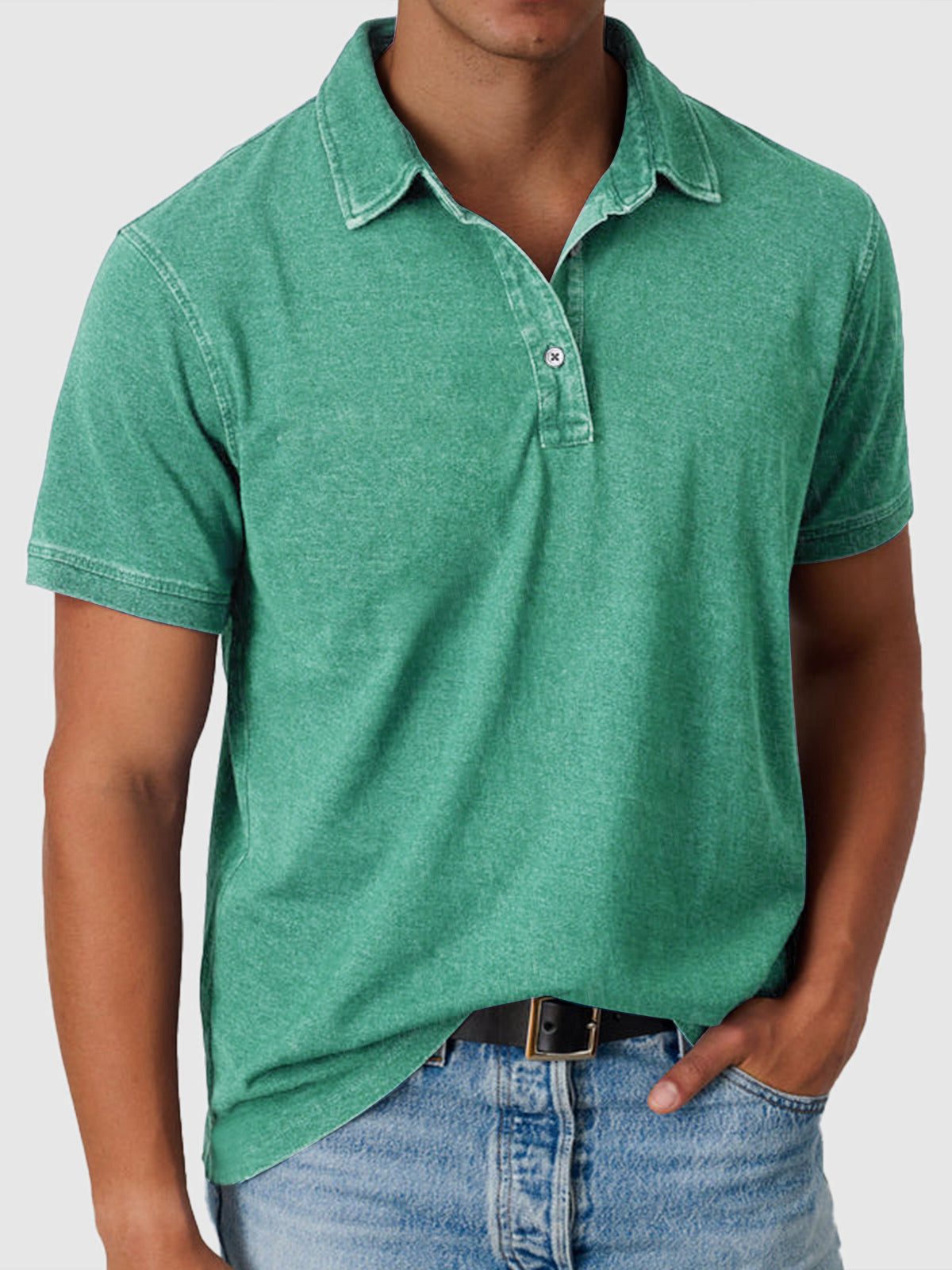 Cotton-Denim Short Sleeve Polo Shirt for Men - Green