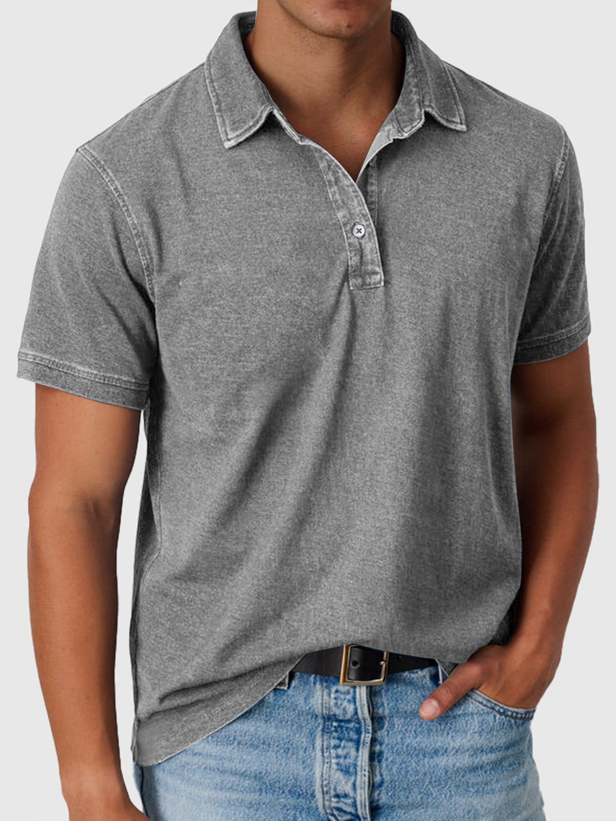 Cotton-Denim Short Sleeve Polo Shirt for Men - Gray