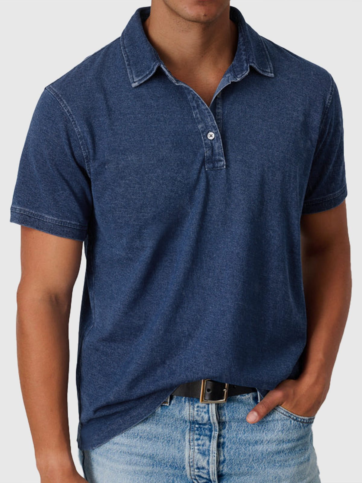 Cotton-Denim Short Sleeve Polo Shirt for Men - Navy Blue