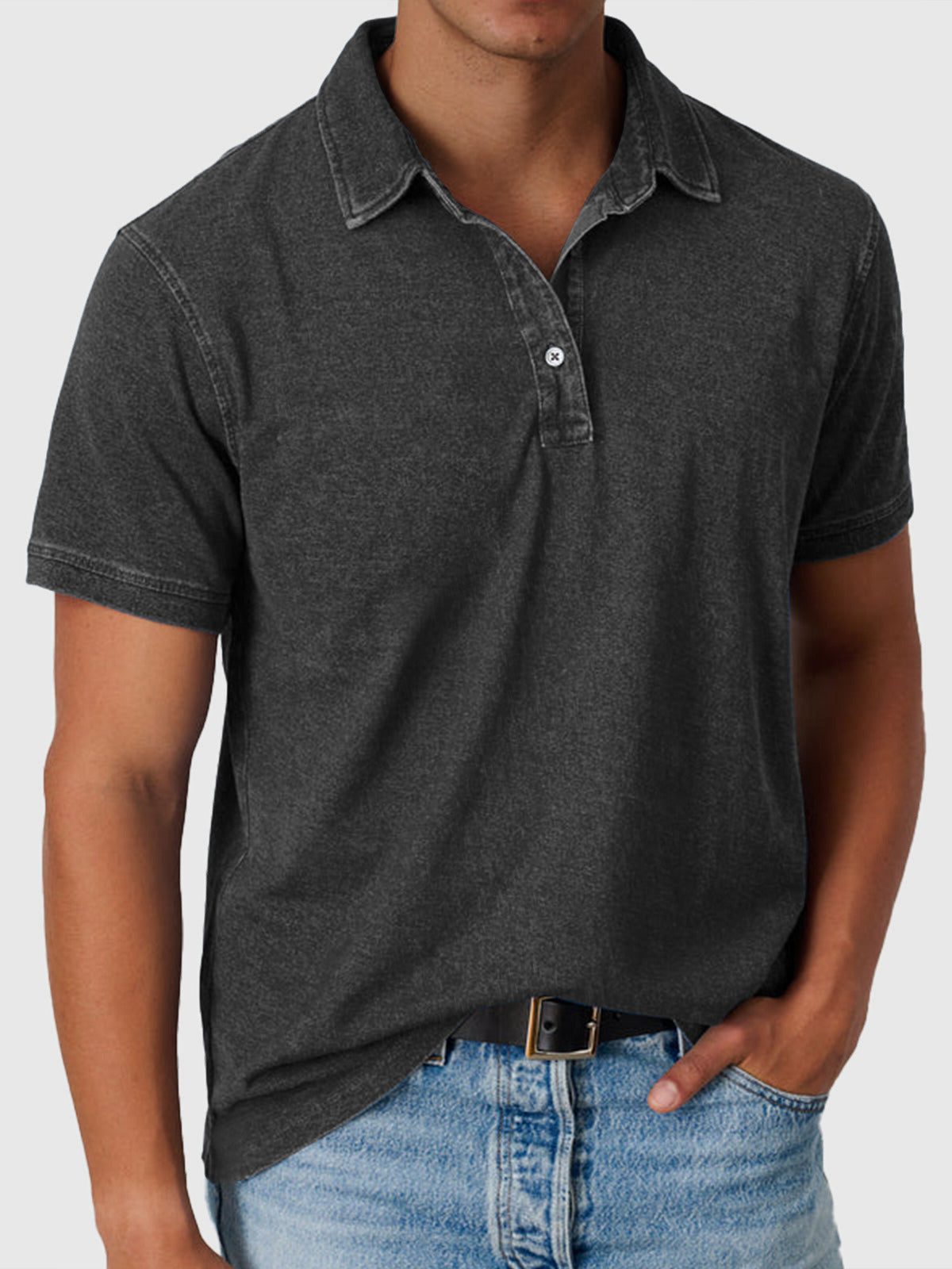 Cotton-Denim Short Sleeve Polo Shirt for Men - Black