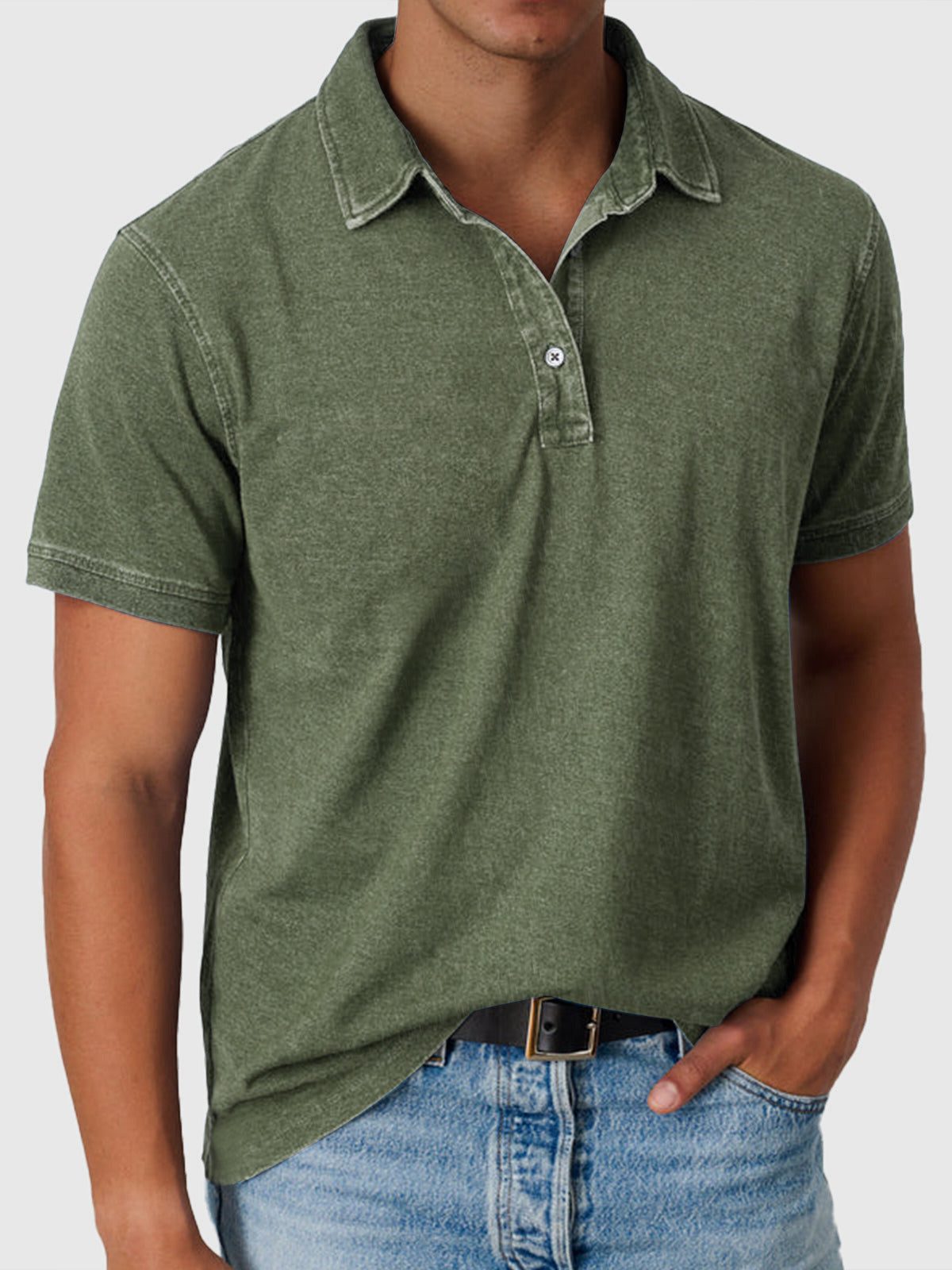 Cotton-Denim Short Sleeve Polo Shirt for Men - Army Green