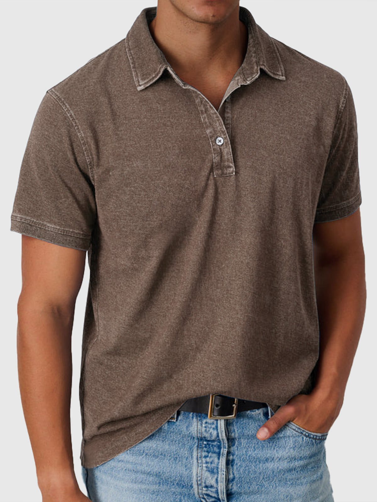 Cotton-Denim Short Sleeve Polo Shirt for Men - Brown
