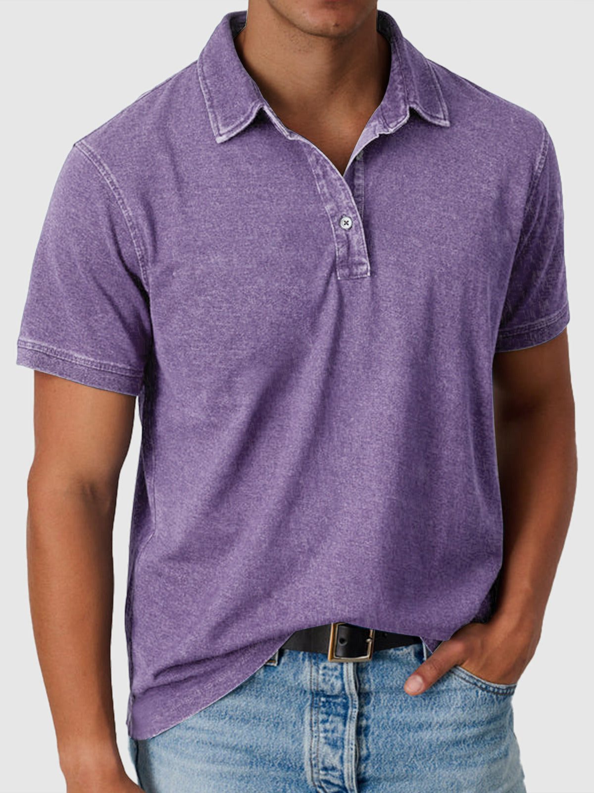 Cotton-Denim Short Sleeve Polo Shirt for Men - Purple