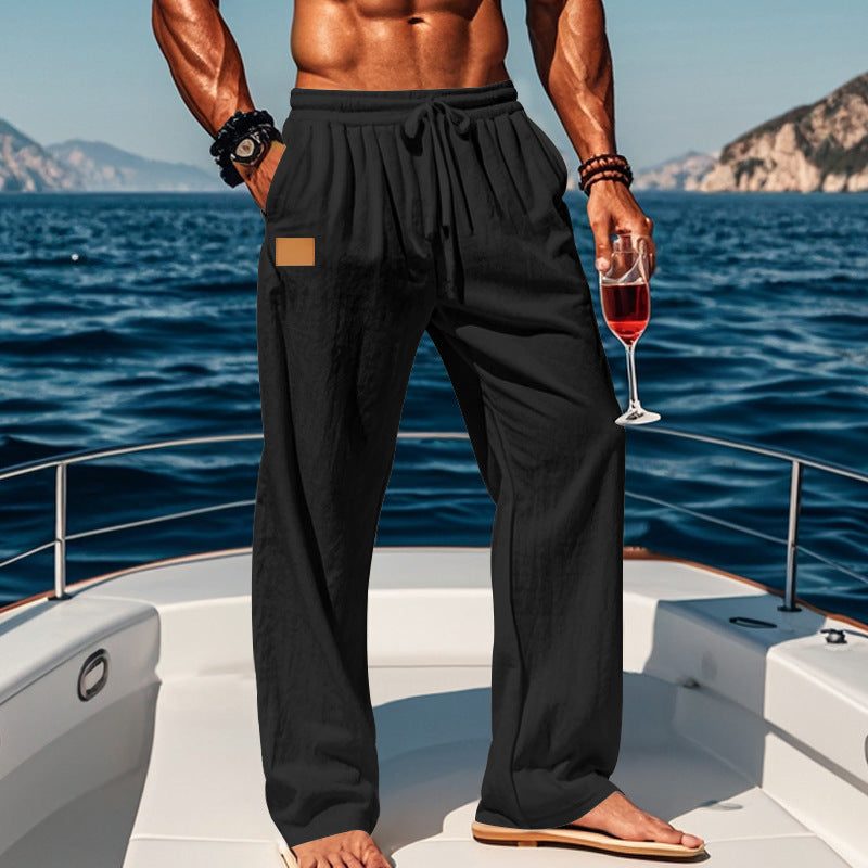 Cotton Drawstring Straight Leg Trousers for Men - Black