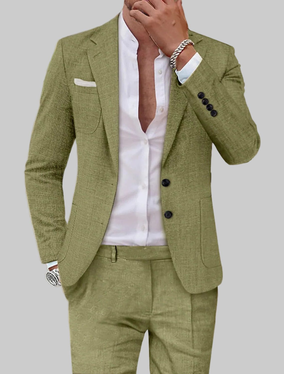 Double-Breasted Linen Blazer Suit Set for Men - View 5