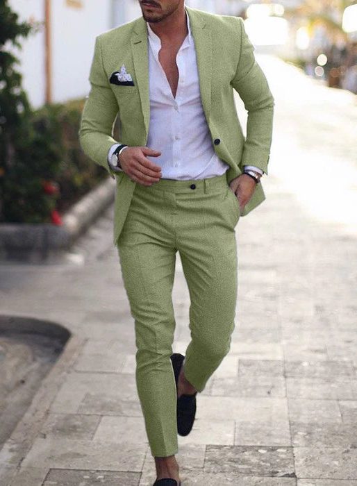 Double-Breasted Linen Blazer Suit Set for Men - grün
