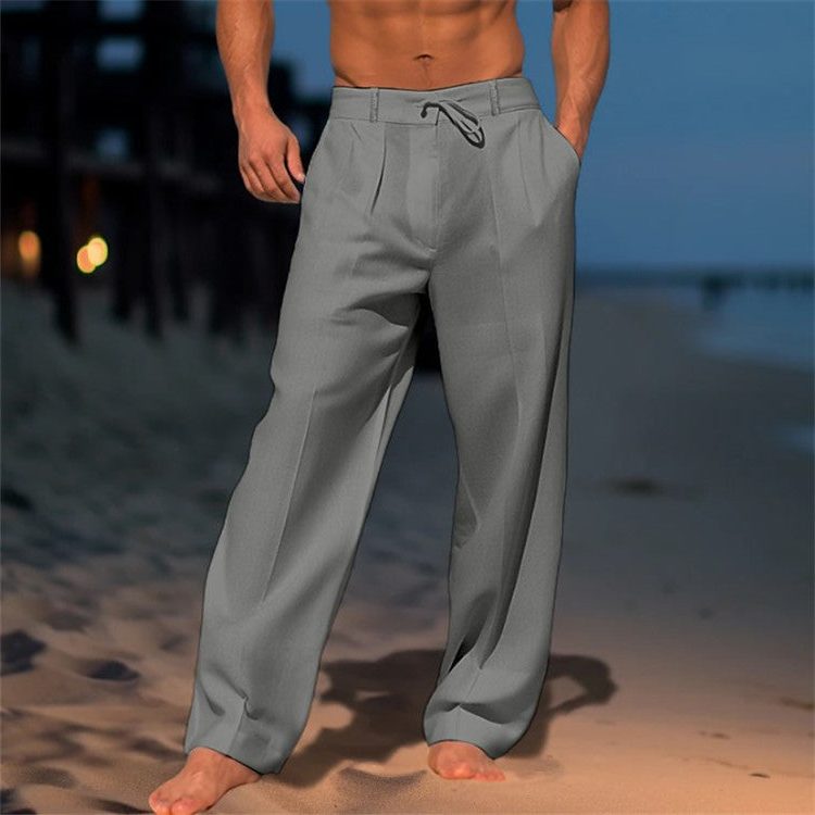 Drawstring Linen Straight Leg Trousers for Men - Dark Gray
