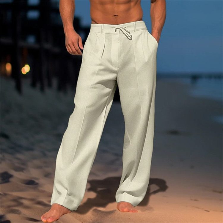 Drawstring Linen Straight Leg Trousers for Men - Khaki