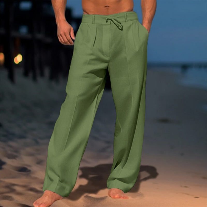 Drawstring Linen Straight Leg Trousers for Men - Green