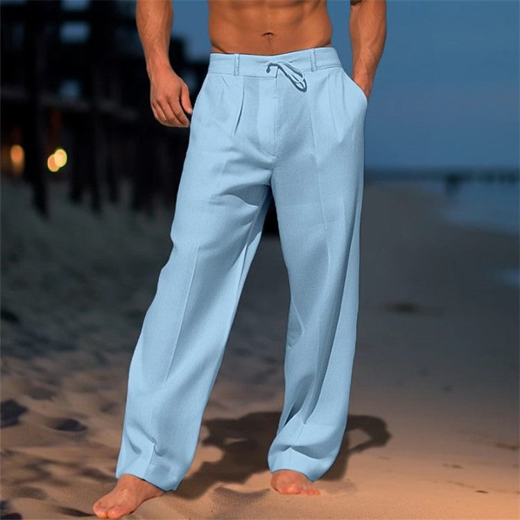 Drawstring Linen Straight Leg Trousers for Men - View 5