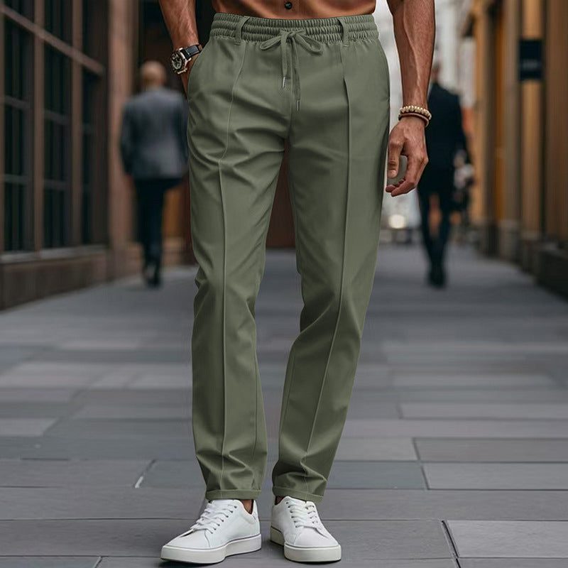 Drawstring Straight Leg Chino Trousers for Men - Olive Green