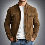 Suede Button-Front Shirt Jacket for Men - Brown