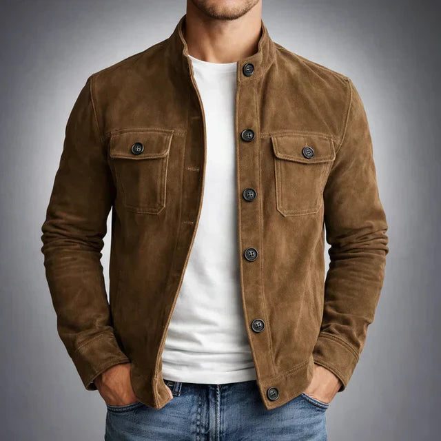 Suede Button-Front Shirt Jacket for Men - Brown