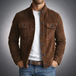 Suede Button-Front Shirt Jacket for Men - Dark Brown