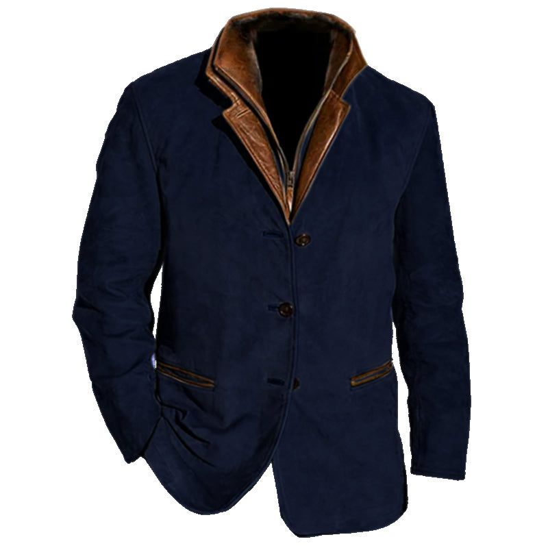 Suede Lapel Collar Blazer for Men - Navy