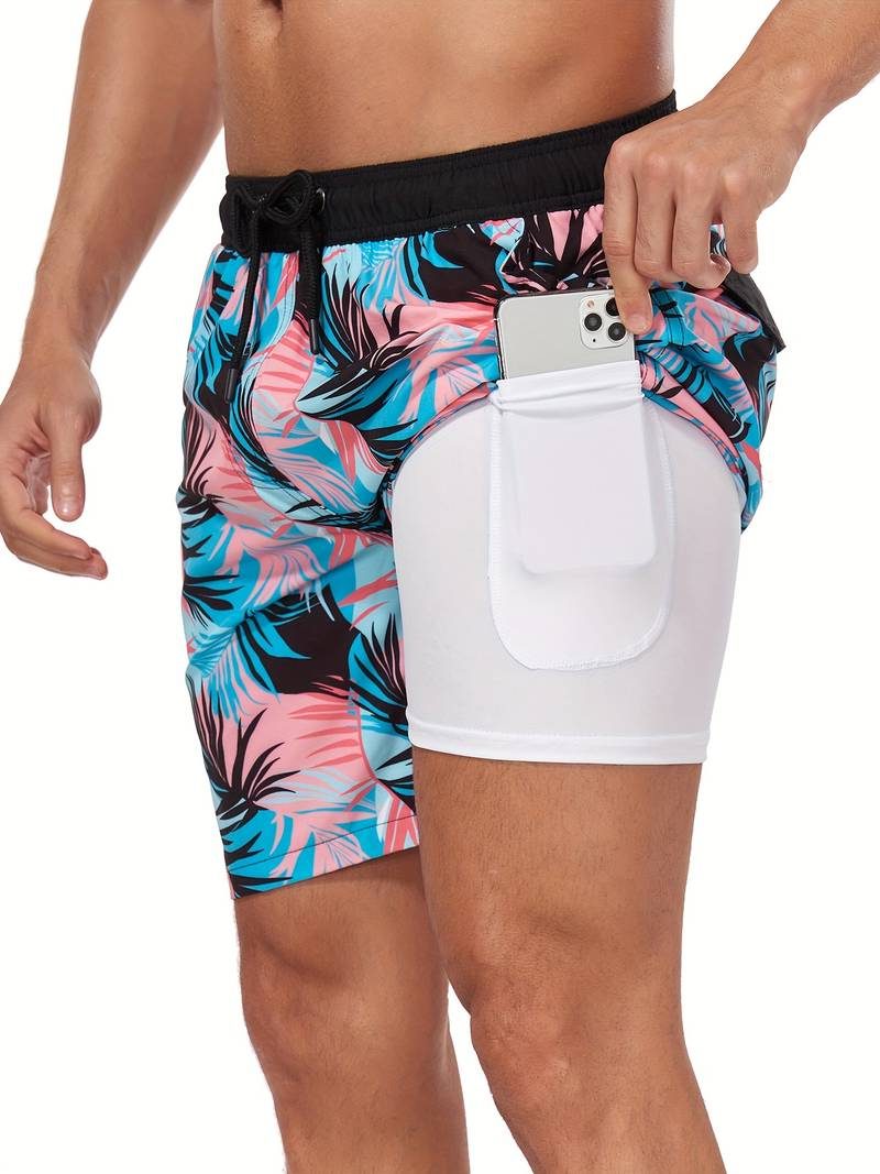 Flamingo Print Swim Shorts for Men - Light Pink