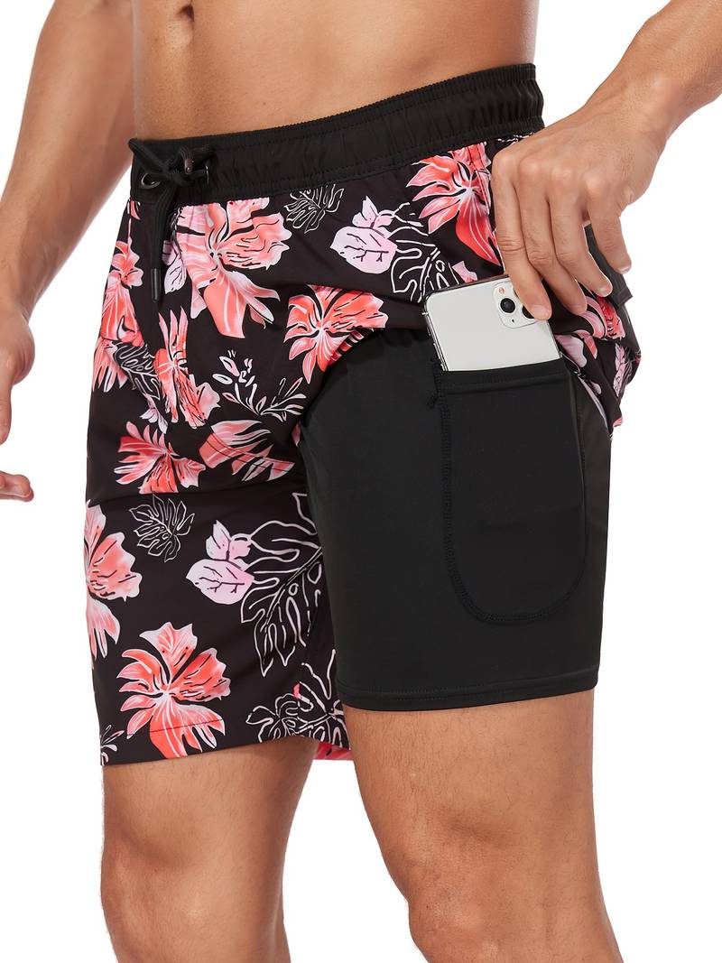 Flamingo Print Swim Shorts for Men - Pink