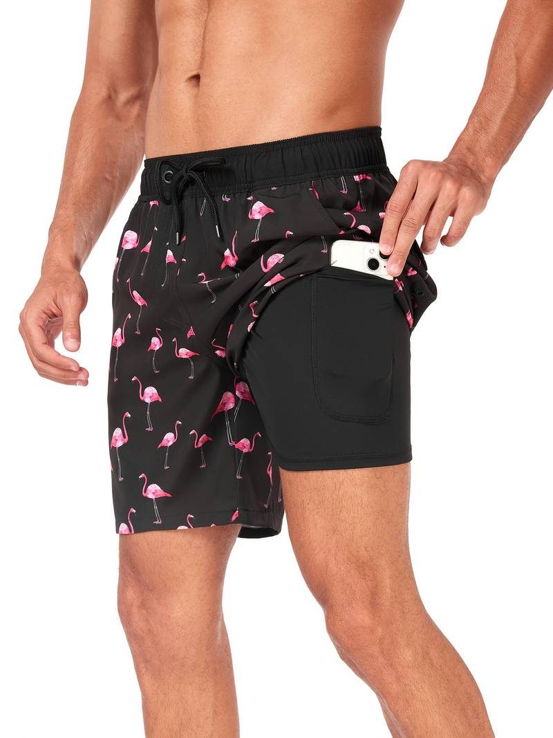Flamingo Print Swim Shorts for Men - Light Red