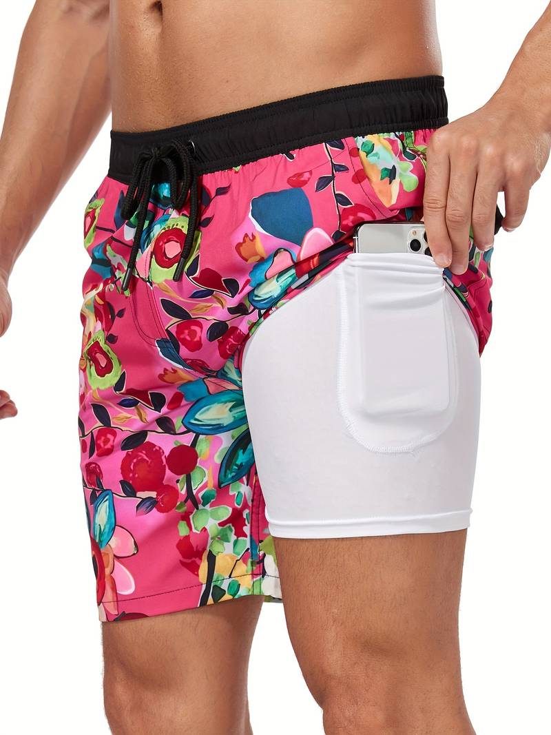 Flamingo Print Swim Shorts for Men - Dark Pink