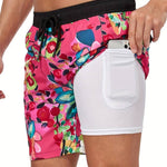 Flamingo Print Swim Shorts for Men - Dark Pink