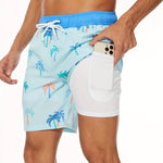 Flamingo Print Swim Shorts for Men - Light Blue