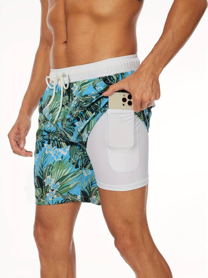 Flamingo Print Swim Shorts for Men - Light Green