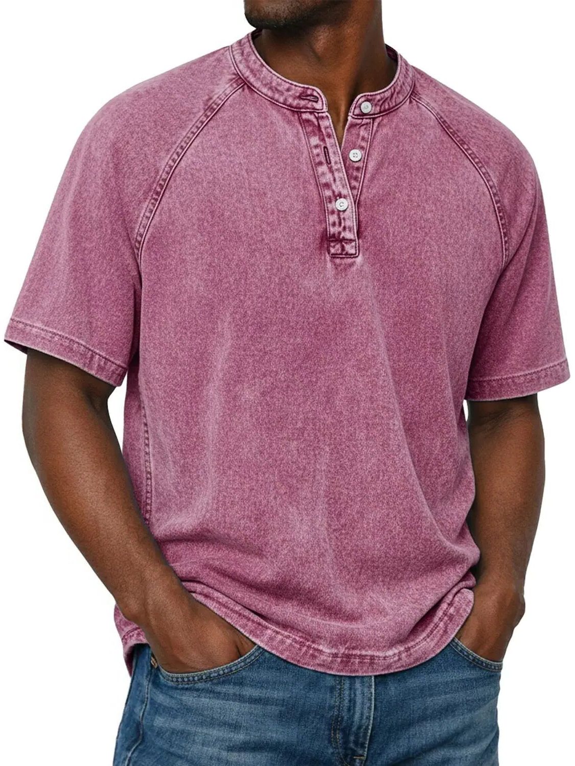 Henley Button-Down Short Sleeve Shirt for Men - Pink