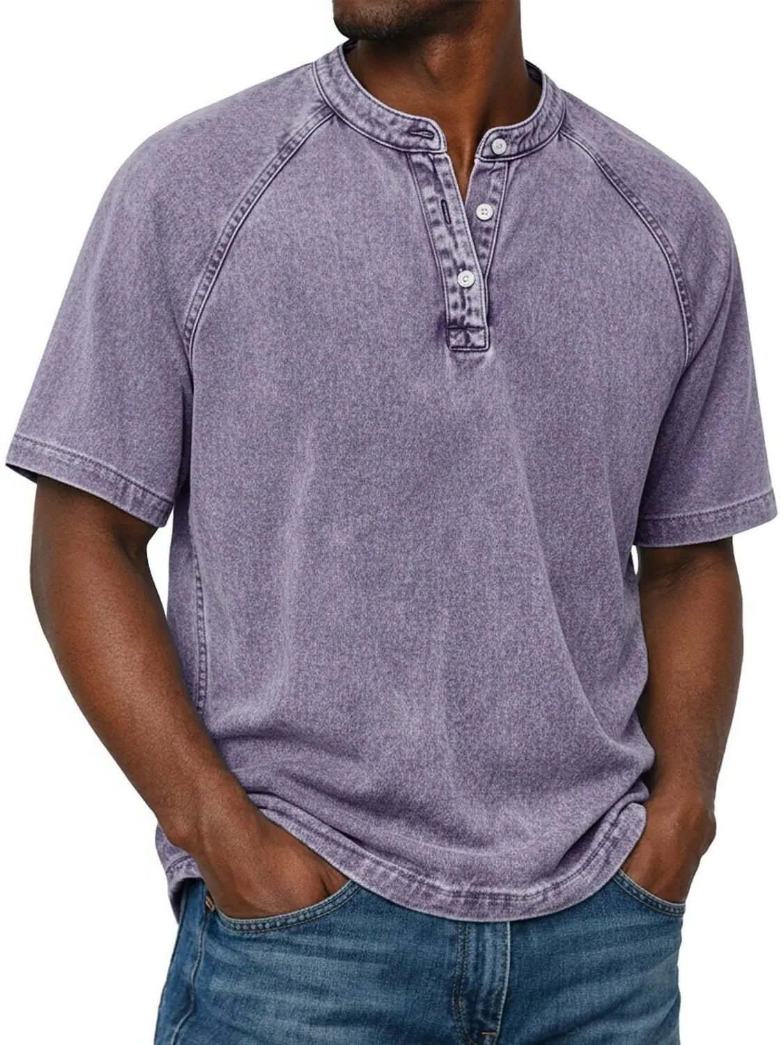 Henley Button-Down Short Sleeve Shirt for Men - Purple