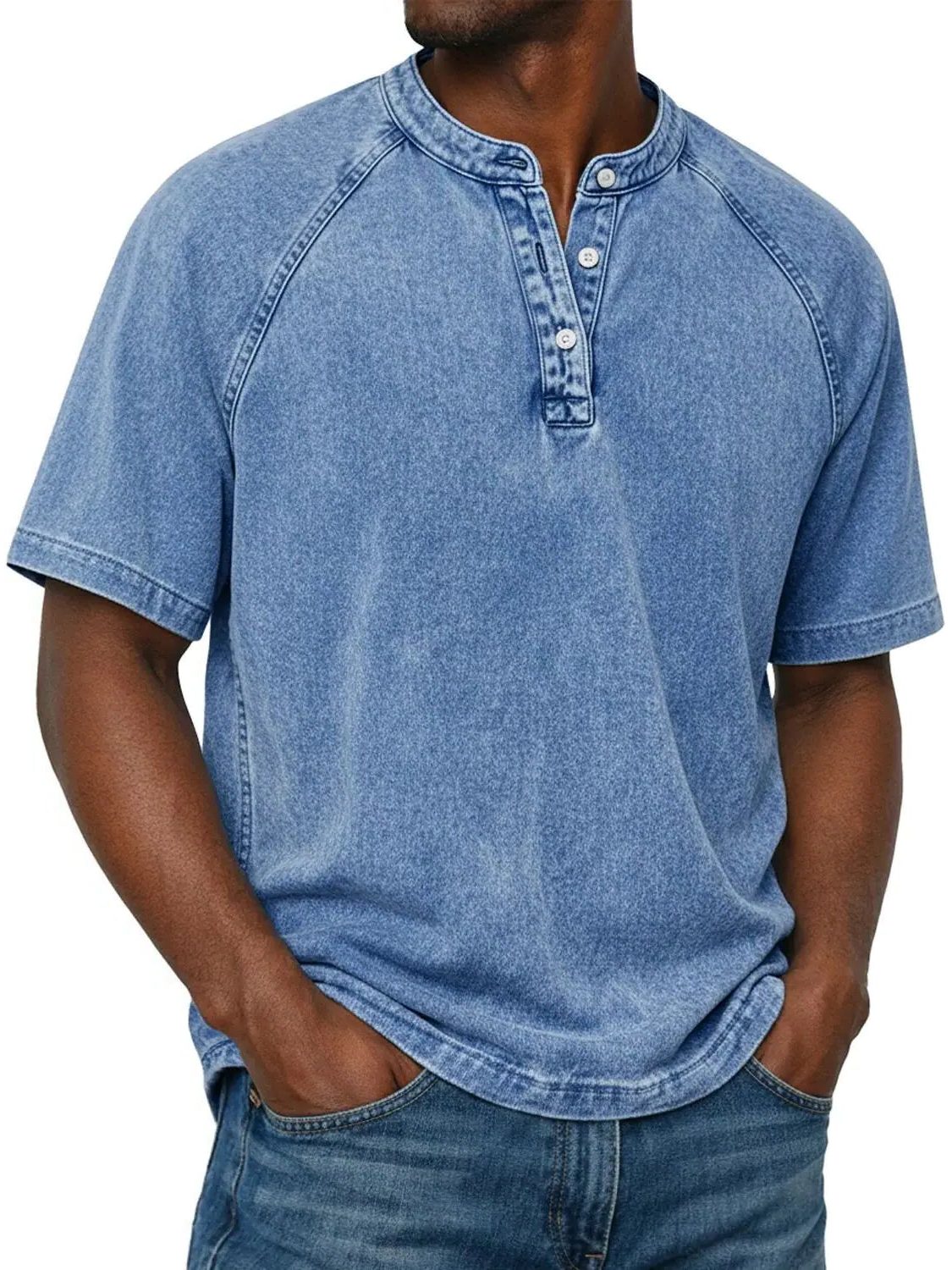 Henley Button-Down Short Sleeve Shirt for Men - Blue