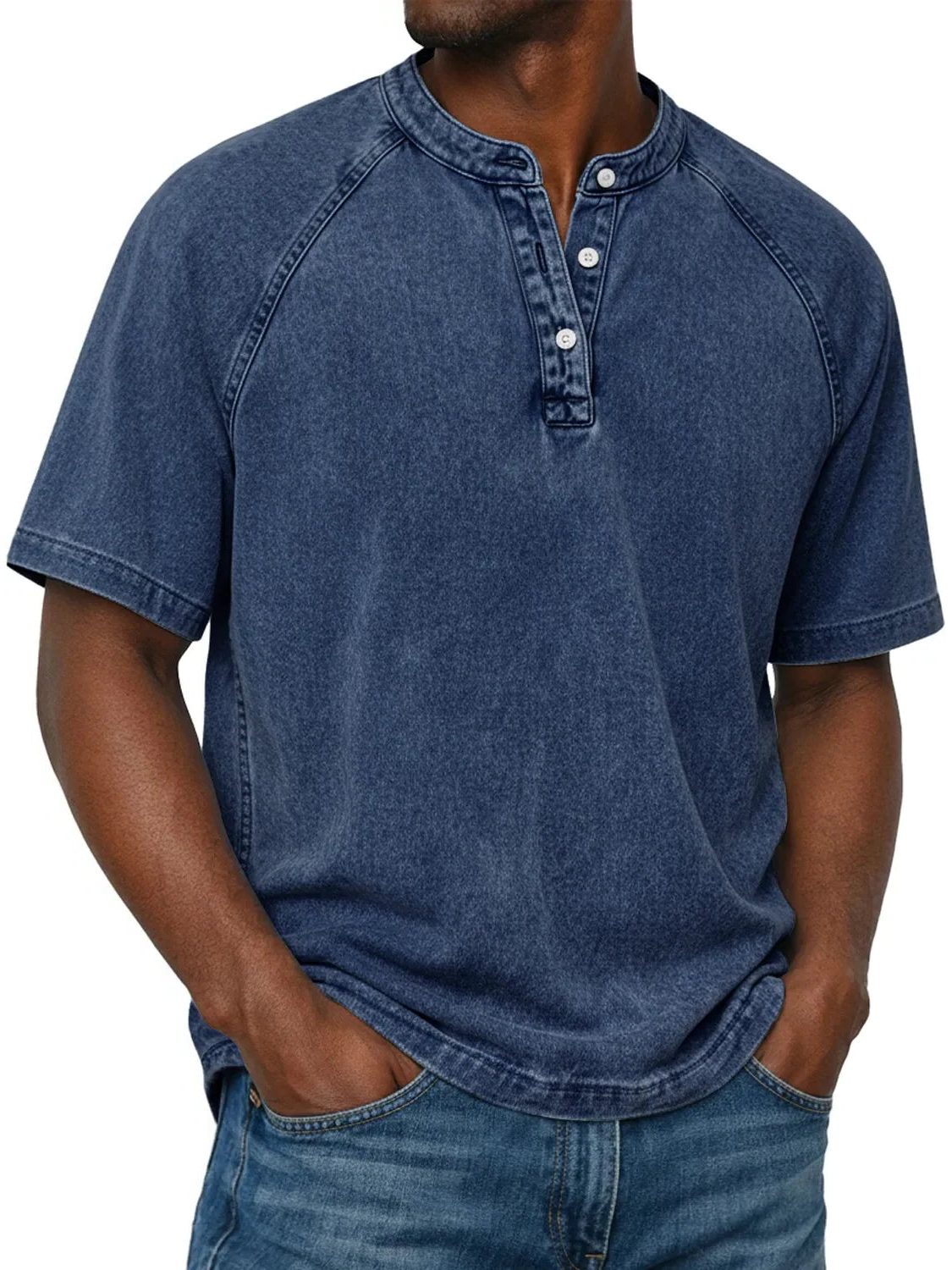 Henley Button-Down Short Sleeve Shirt for Men - Navy Blue