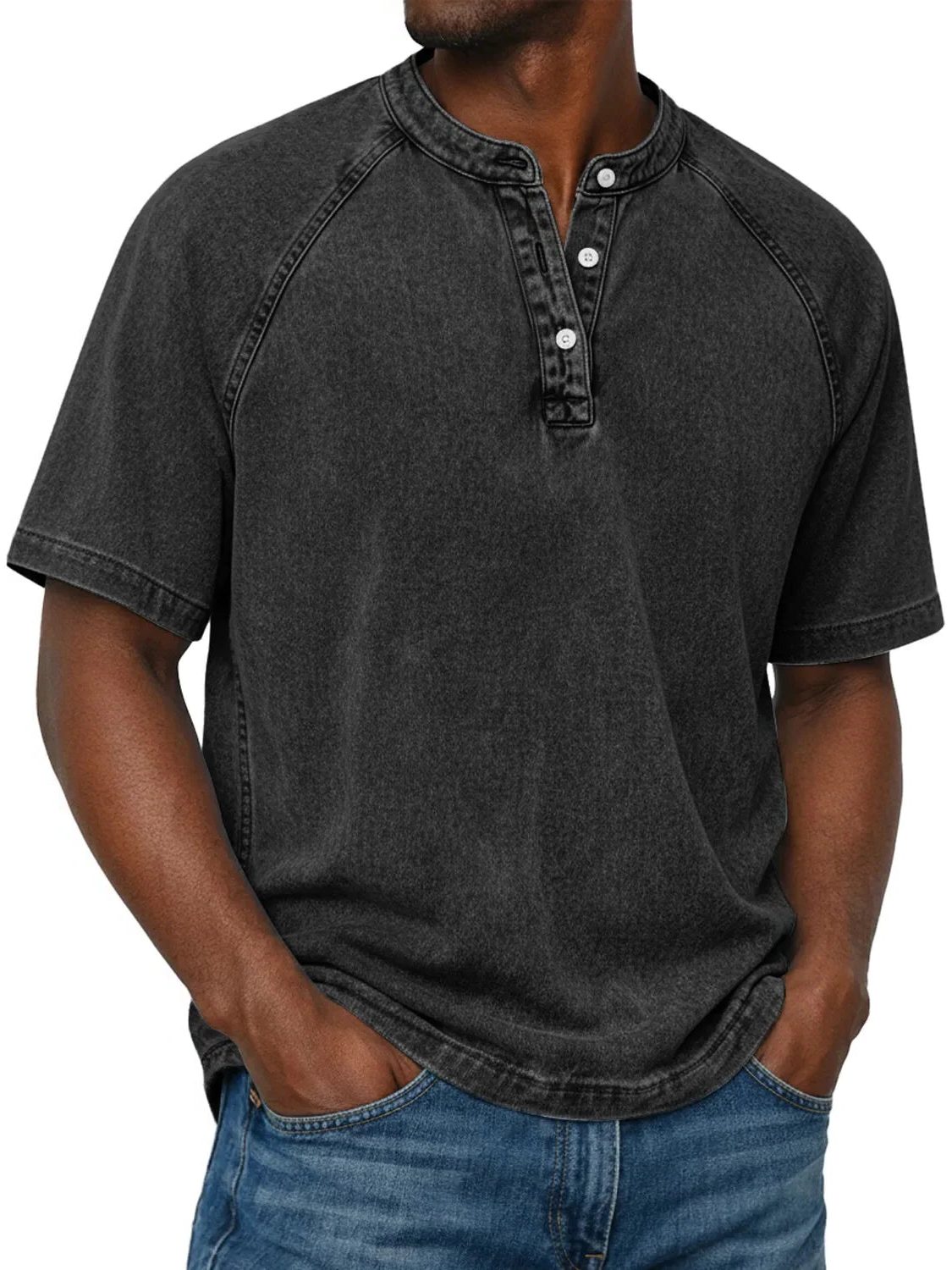 Henley Button-Down Short Sleeve Shirt for Men - Black