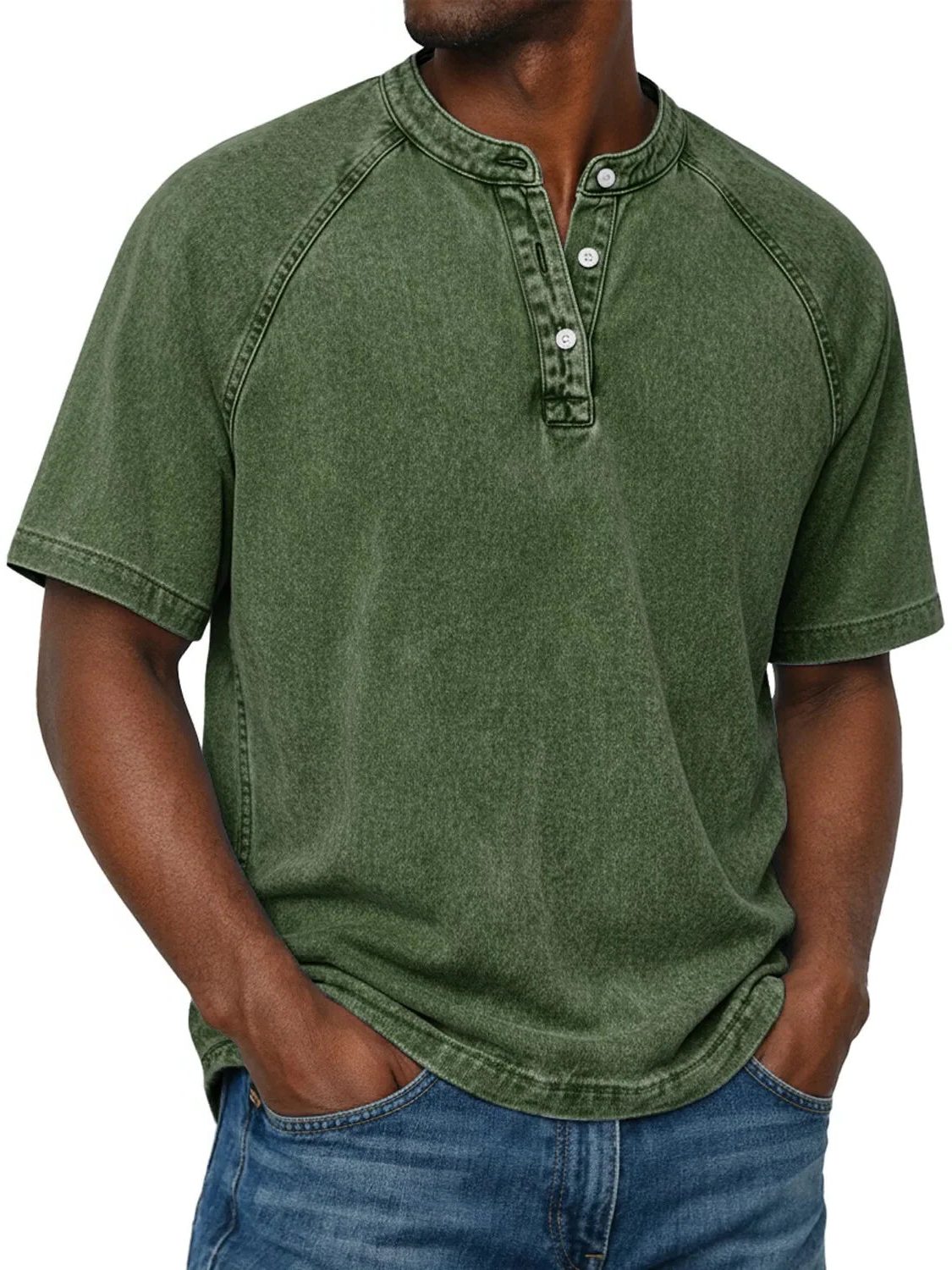 Henley Button-Down Short Sleeve Shirt for Men - Dark Green