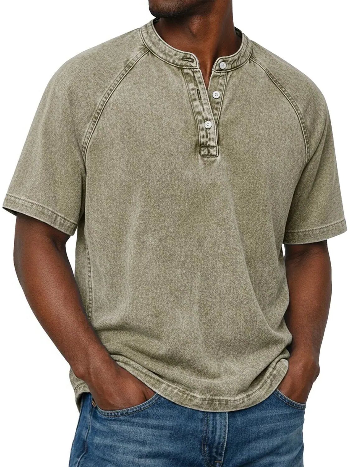 Henley Button-Down Short Sleeve Shirt for Men - Khaki