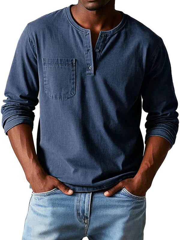 Henley Button-Front Long Sleeve Shirt for Men - Navy